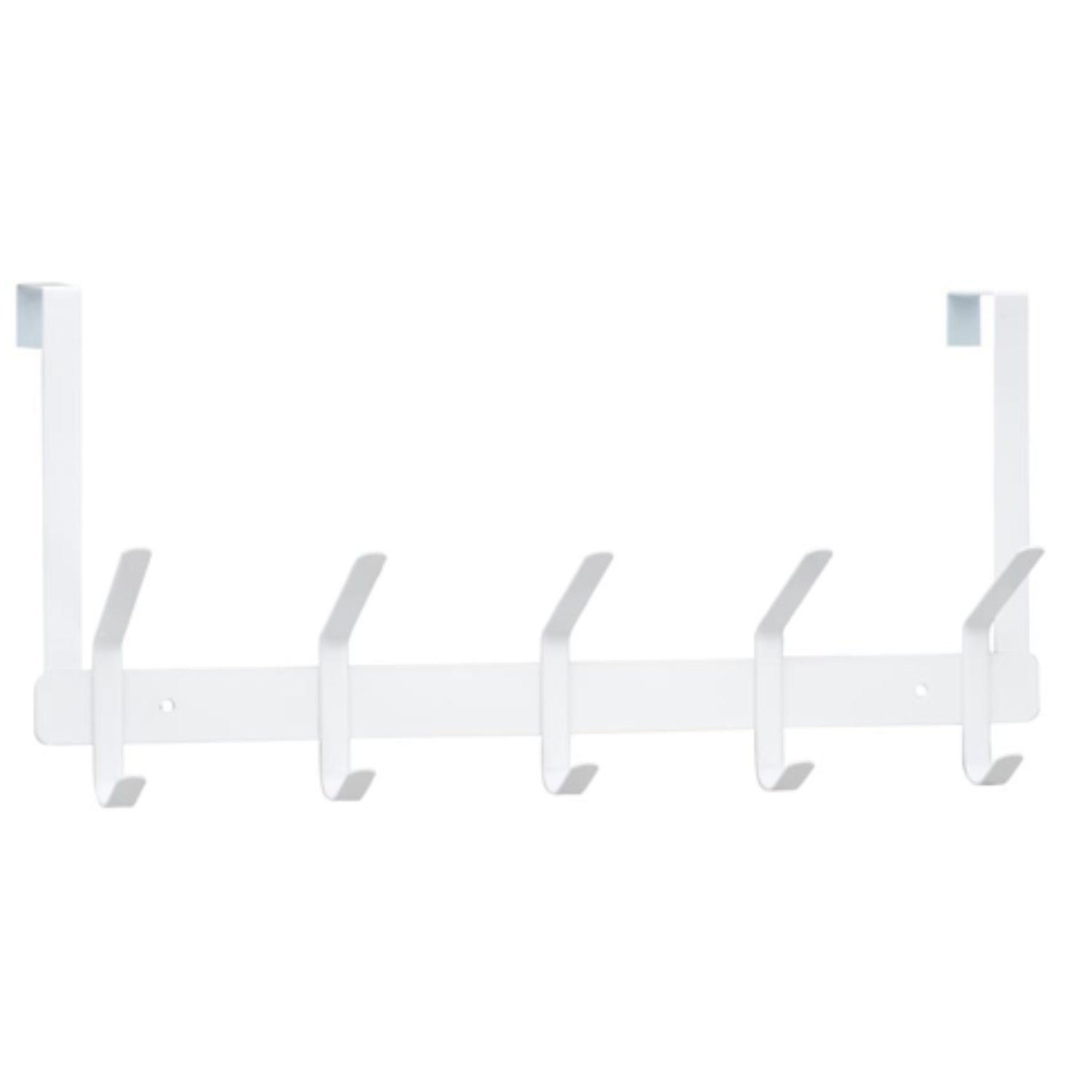 Perchero blanco de pared con cinco ganchos, ideal para organizar ropa.