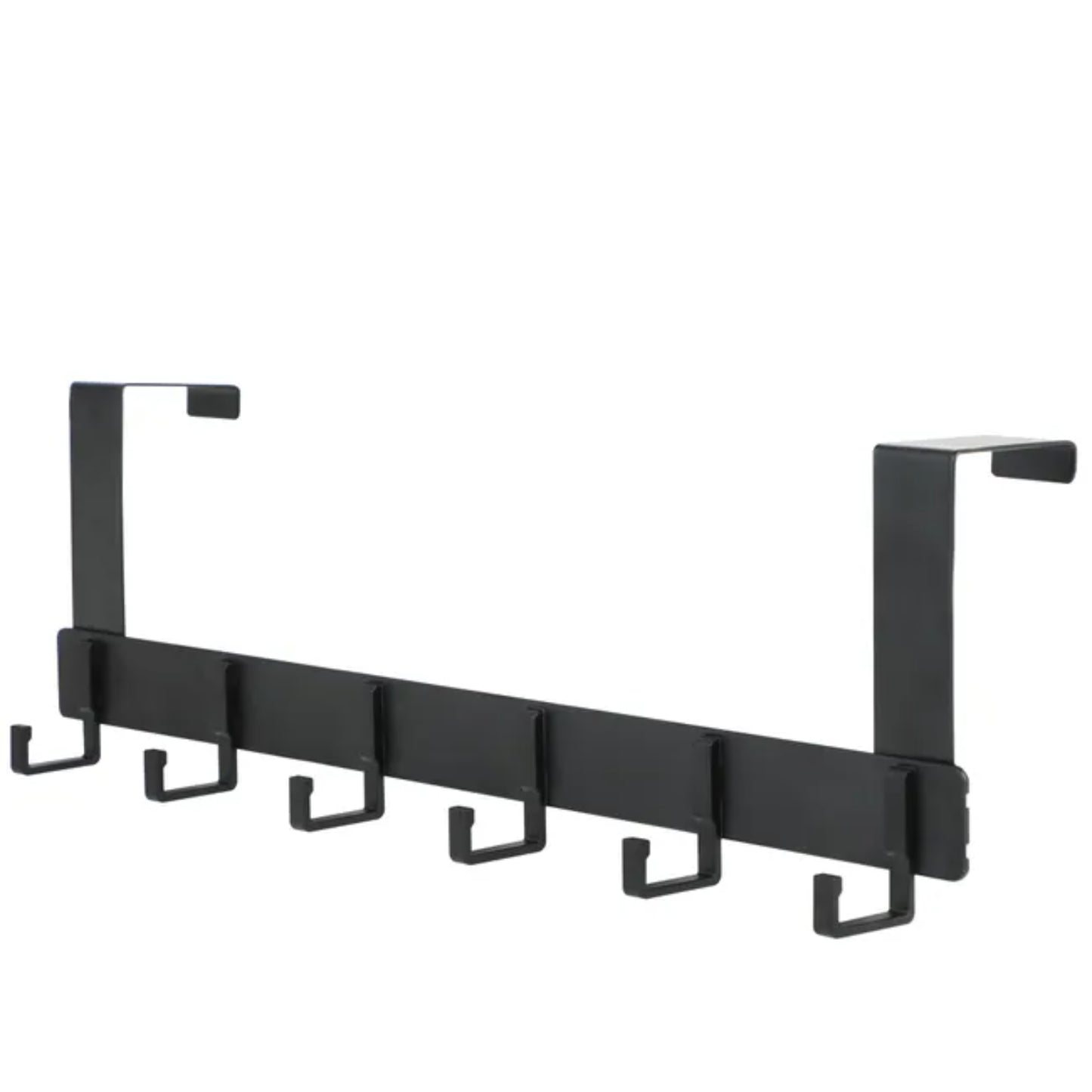 Perchero negro de metal con seis ganchos, ideal para organizar abrigos en la entrada