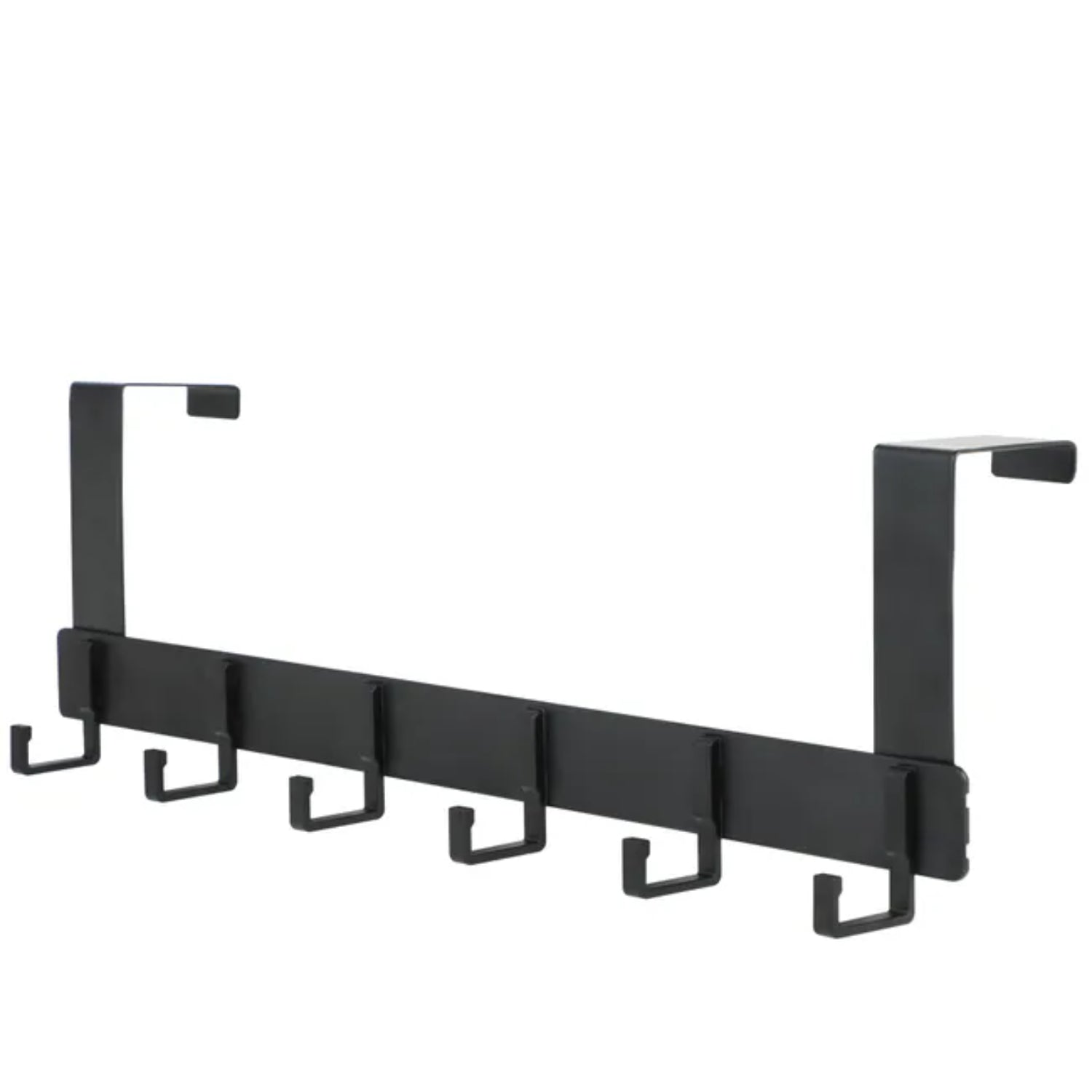 Perchero negro de metal con seis ganchos, ideal para organizar abrigos en la entrada
