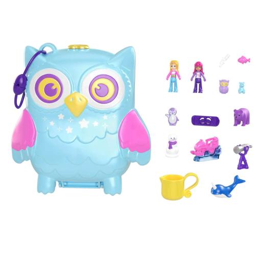 Pijama azul con diseño de búho, juego de muñecas y accesorios diversos