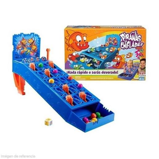 Juego de mesa Pirañas Chifladas de Mattel, vista frontal con bolas de colores