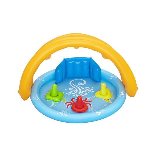 piscina infantil con accesorios azul y amarillo, vista frontal y decorativa