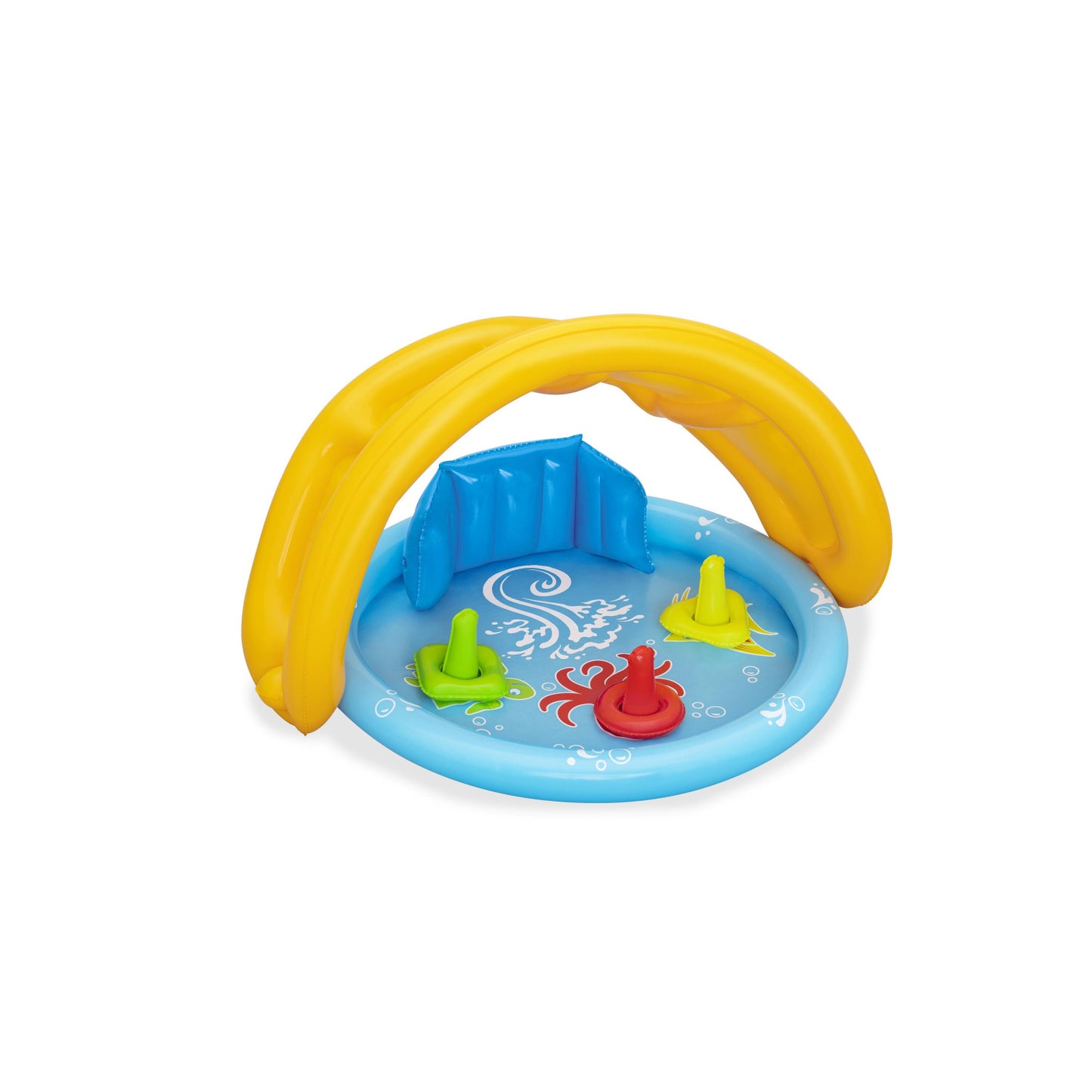 piscina infantil con accesorios azul y amarilla, vista lateral en jardín