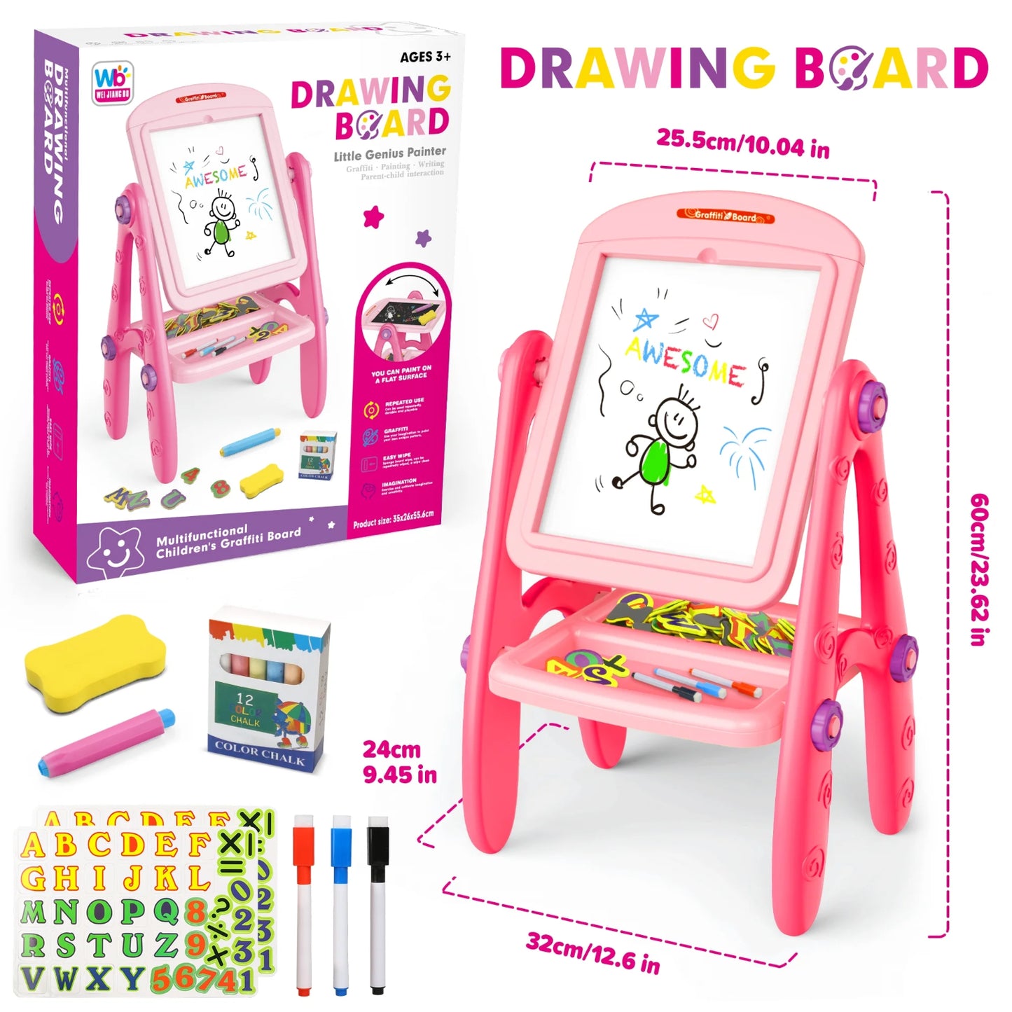 Pizarra de dibujo rosa con accesorios, vista frontal en un entorno creativo