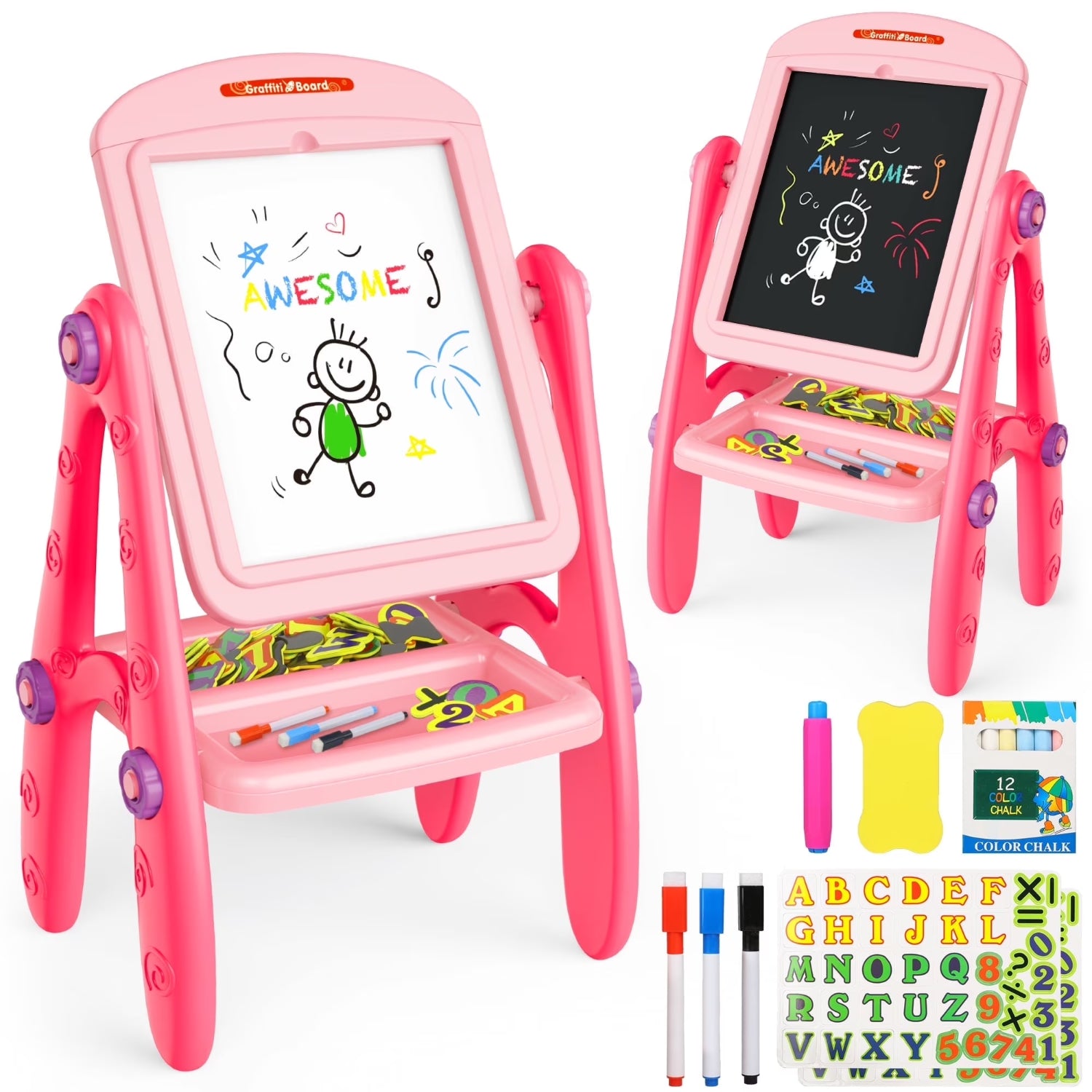 Pizarra interactiva rosa para niños, vista frontal, incluye accesorios coloridos