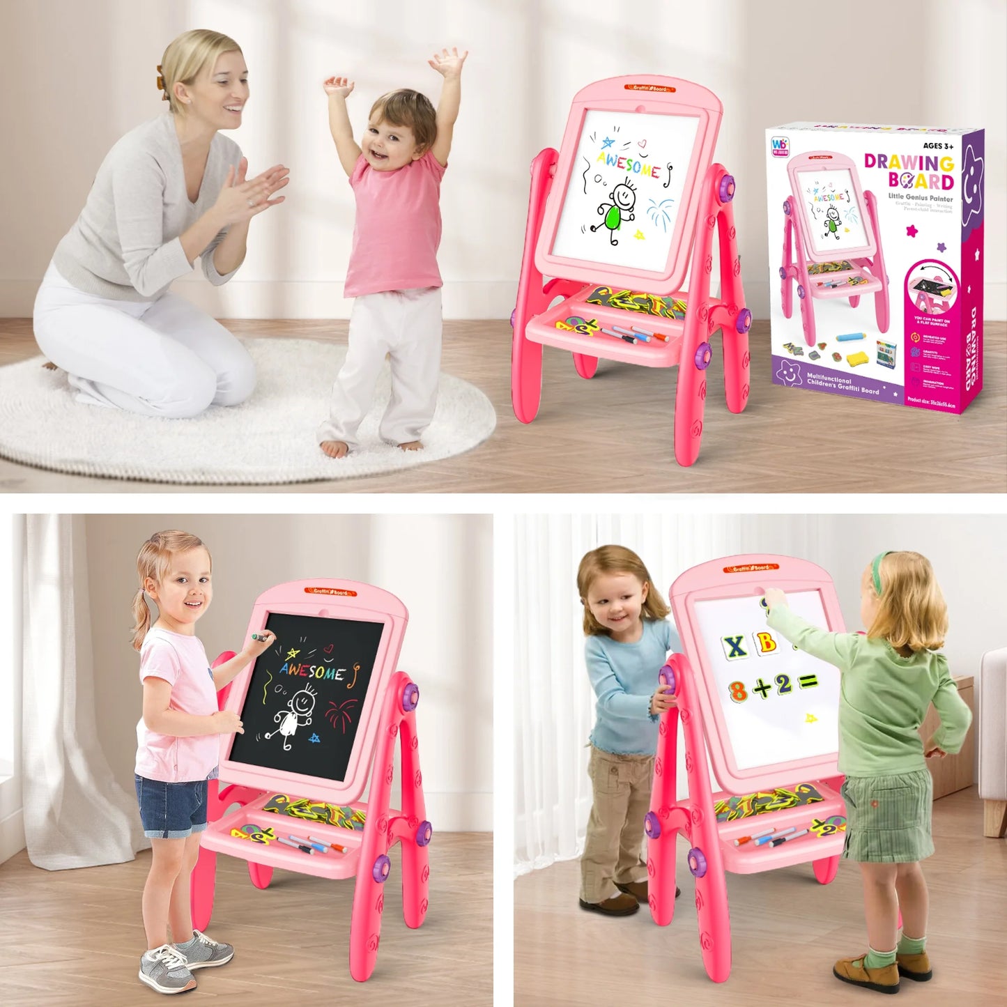 Pizarra de dibujo rosa, niños dibujando y aprendiendo en casa