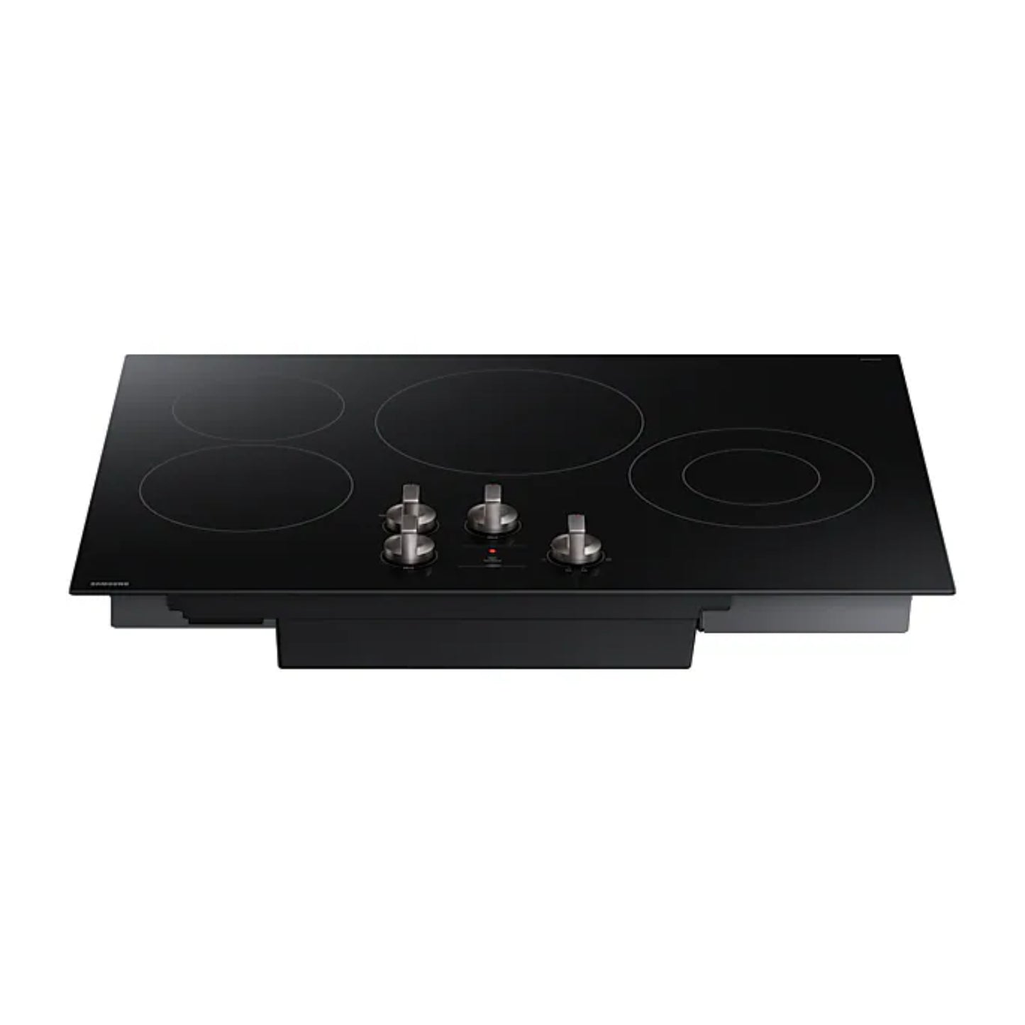 Placa vitrocerámica eléctrica 4 quemadores Samsung con diseño negro y controles metálicos frontales