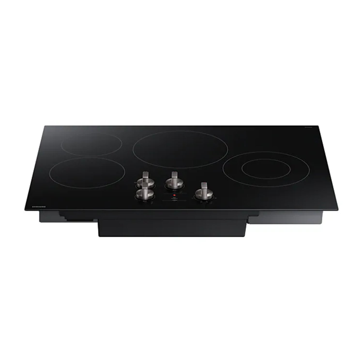 Placa vitrocerámica eléctrica 4 quemadores Samsung con diseño negro y controles metálicos frontales
