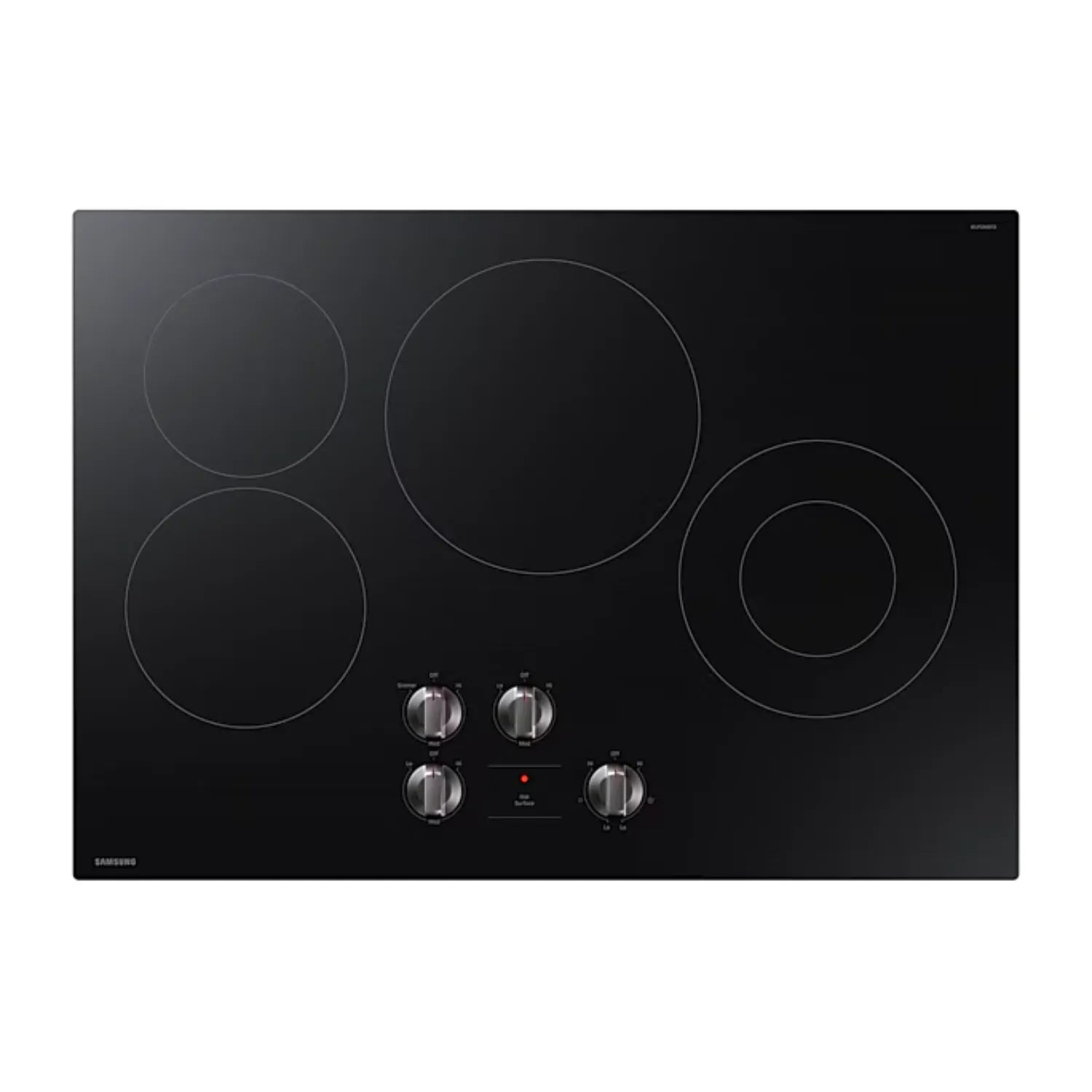 Placa vitrocerámica eléctrica 4 quemadores Samsung con superficie negra y controles frontales