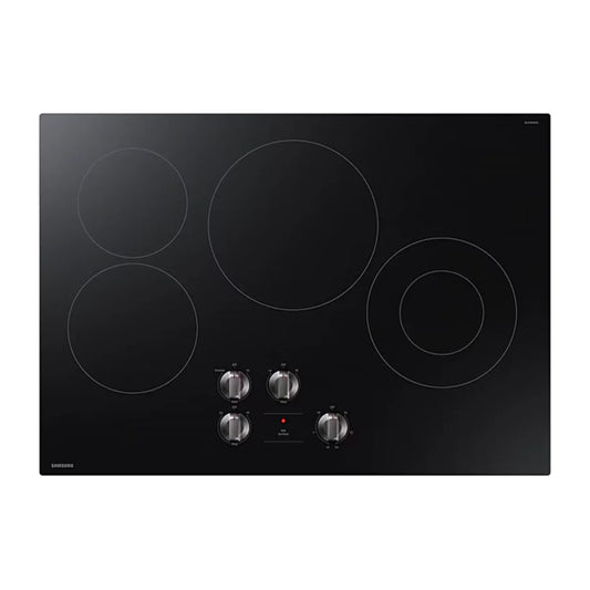 Placa vitrocerámica eléctrica 4 quemadores Samsung con superficie negra y controles frontales