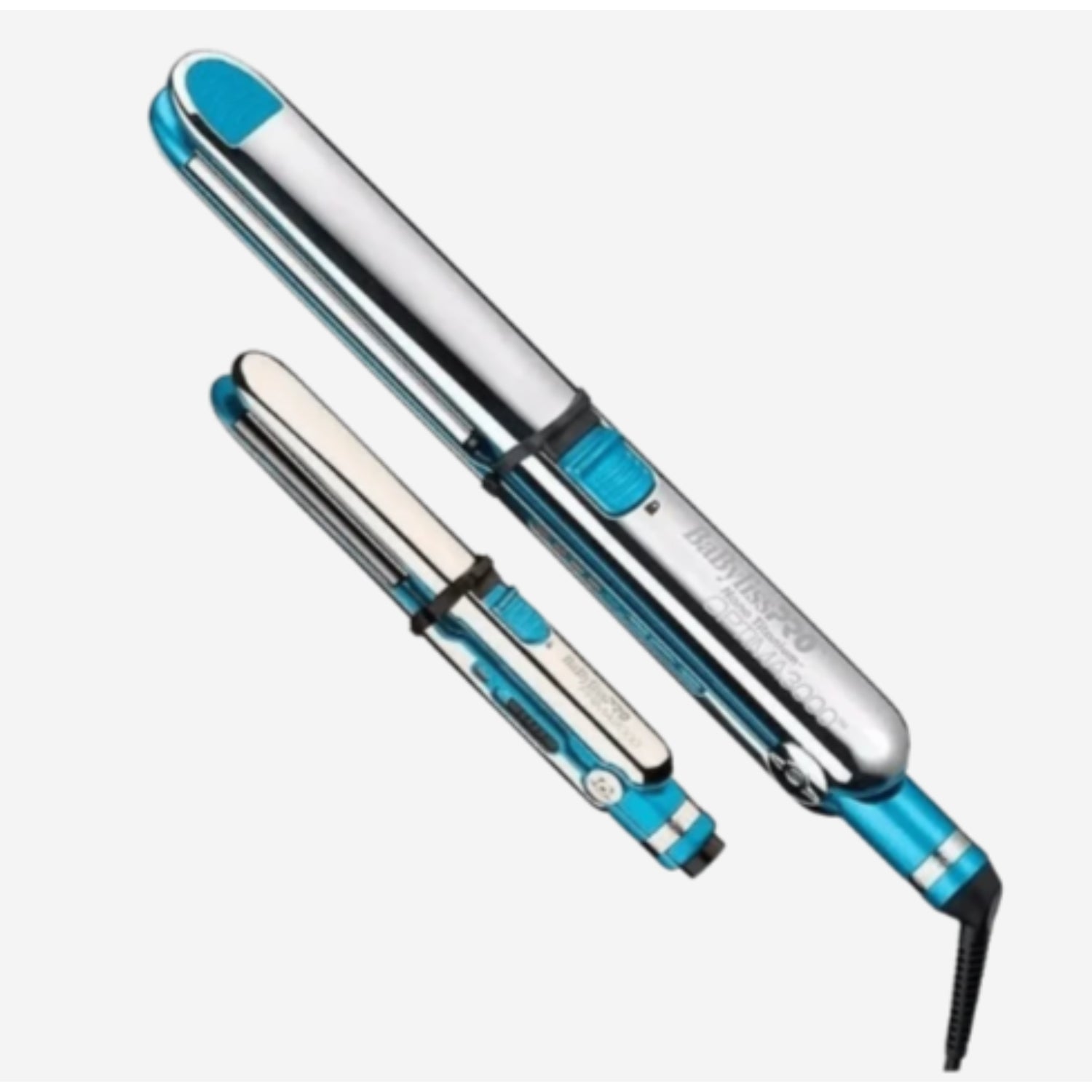 Planchas de cabello BabylissPRO oferta en color azul y plata, ideales para alisar y rizar el cabello.