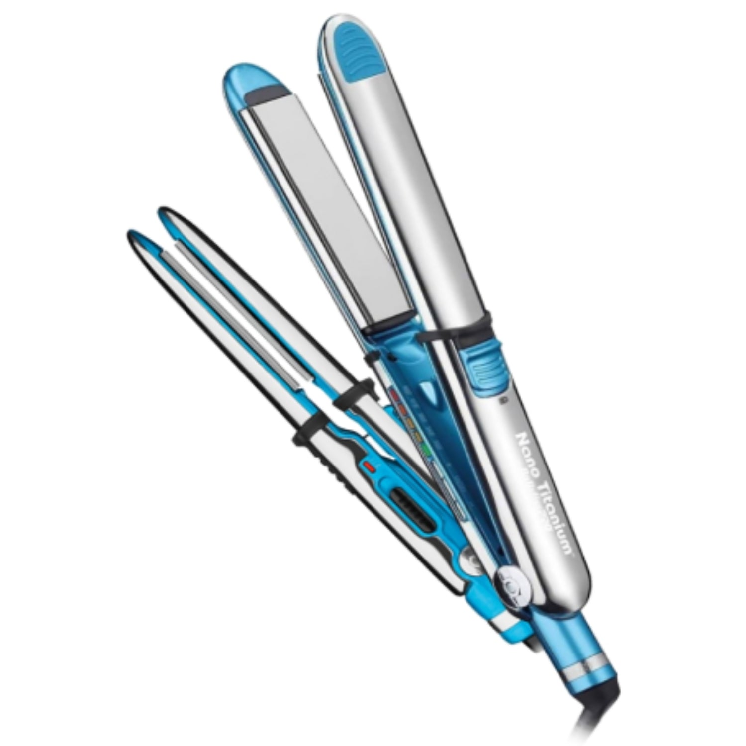 Plancha de cabello BabylissPRO oferta en color azul y plateado, ideal para alisar y rizar el cabello con precisión.