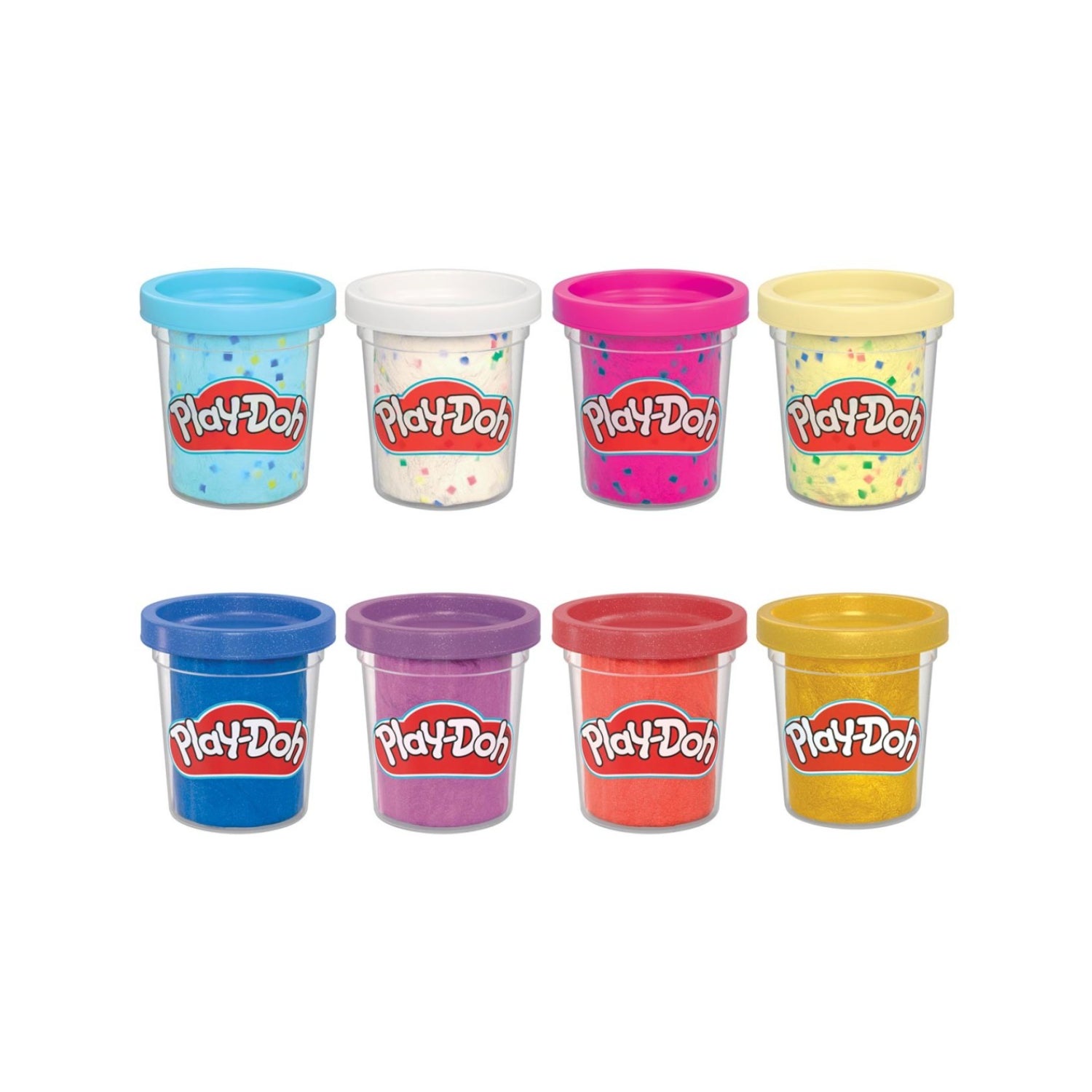 Diferentes frascos de Play-Doh de colores variados, vista frontal de juego creativo