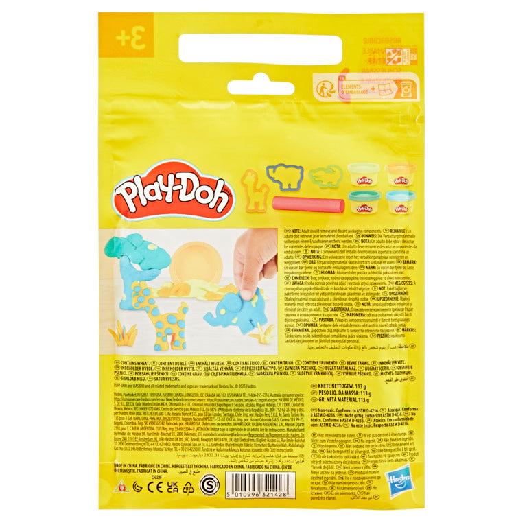 Paquete de Play Doh color amarillo, vista trasera con moldes de animales y herramientas de juego