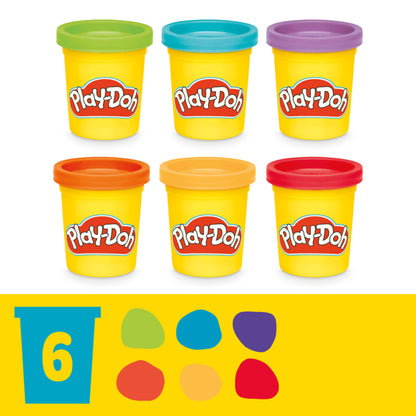 Seis tarros de plastilina Play-Doh en colores variados, vista frontal con etiquetas