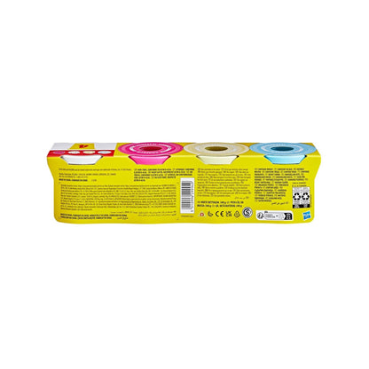 Caja de Play-Doh con cuatro colores, vista trasera, ideal para manualidades y juegos creativos