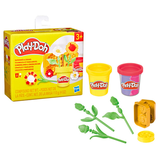 Set Play-Doh con macetas amarillas y moradas, herramientas y flores para niños