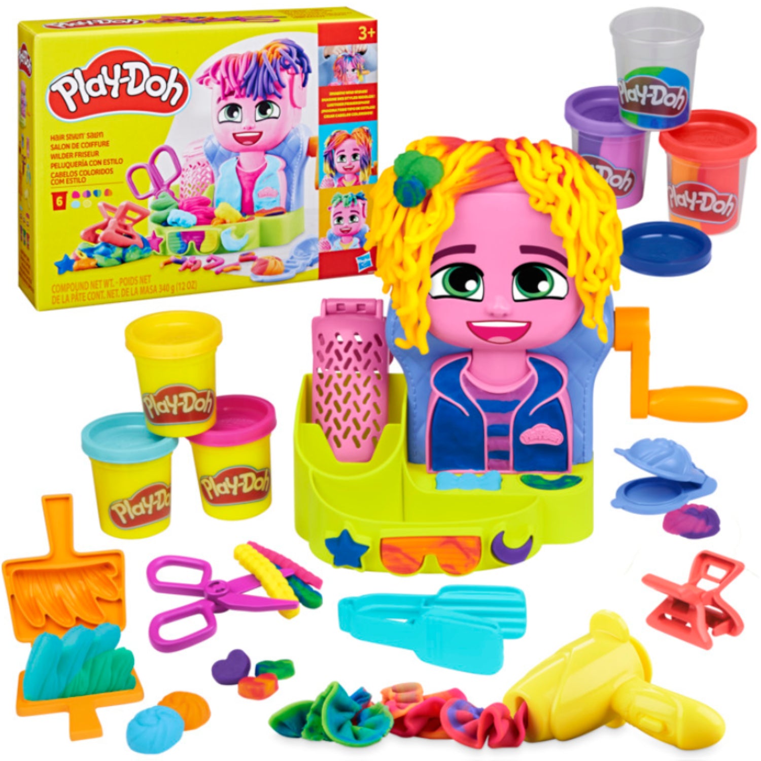 Juguete Play-Doh colorido con herramientas para crear figuras y peinados