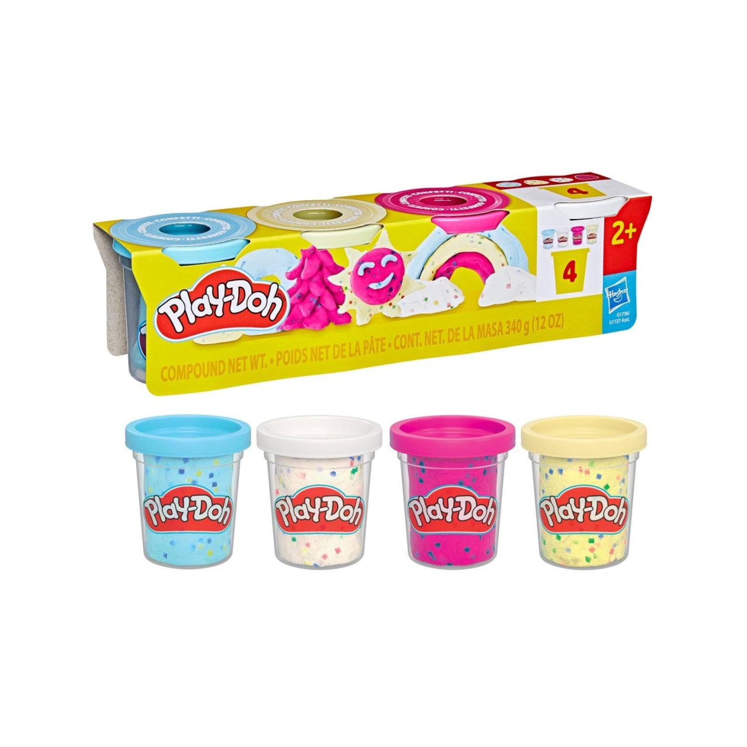 Play-Doh cuatro botes coloridos con purpurina, ideal para manualidades y juego creativo