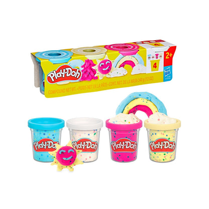 Juego de cuatro frascos de plastilina Play-Doh coloridos con figura divertida y arcoíris