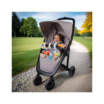 Cochecito gris de Playgro con juguetes coloridos para bebés en un parque