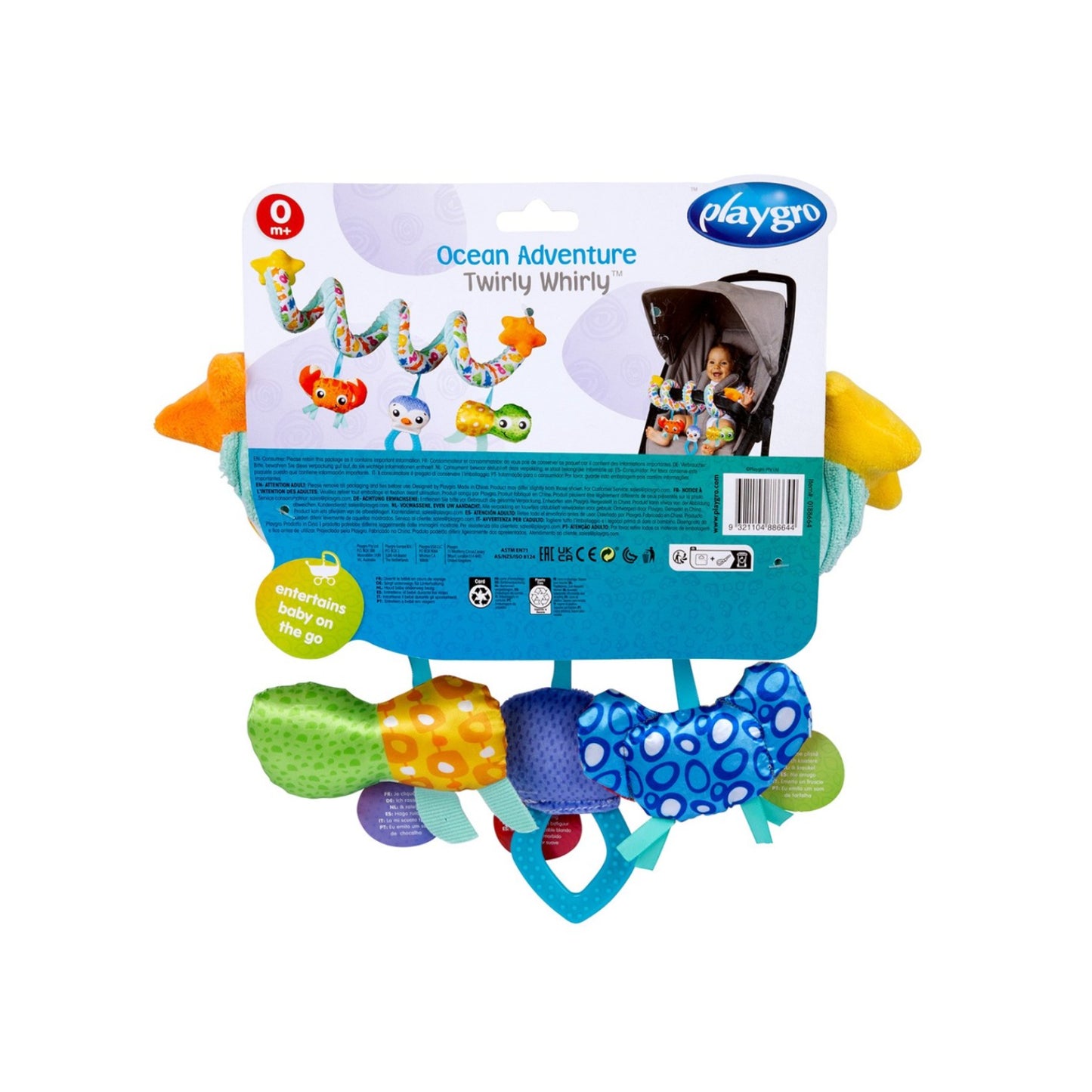 Juguete de actividades Playgro Twirly Whirly en colores vivos, vista trasera con detalles del producto