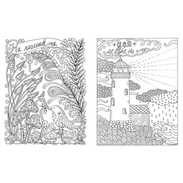 Diseño de página para colorear con faro y aves, arte relajante en blanco y negro