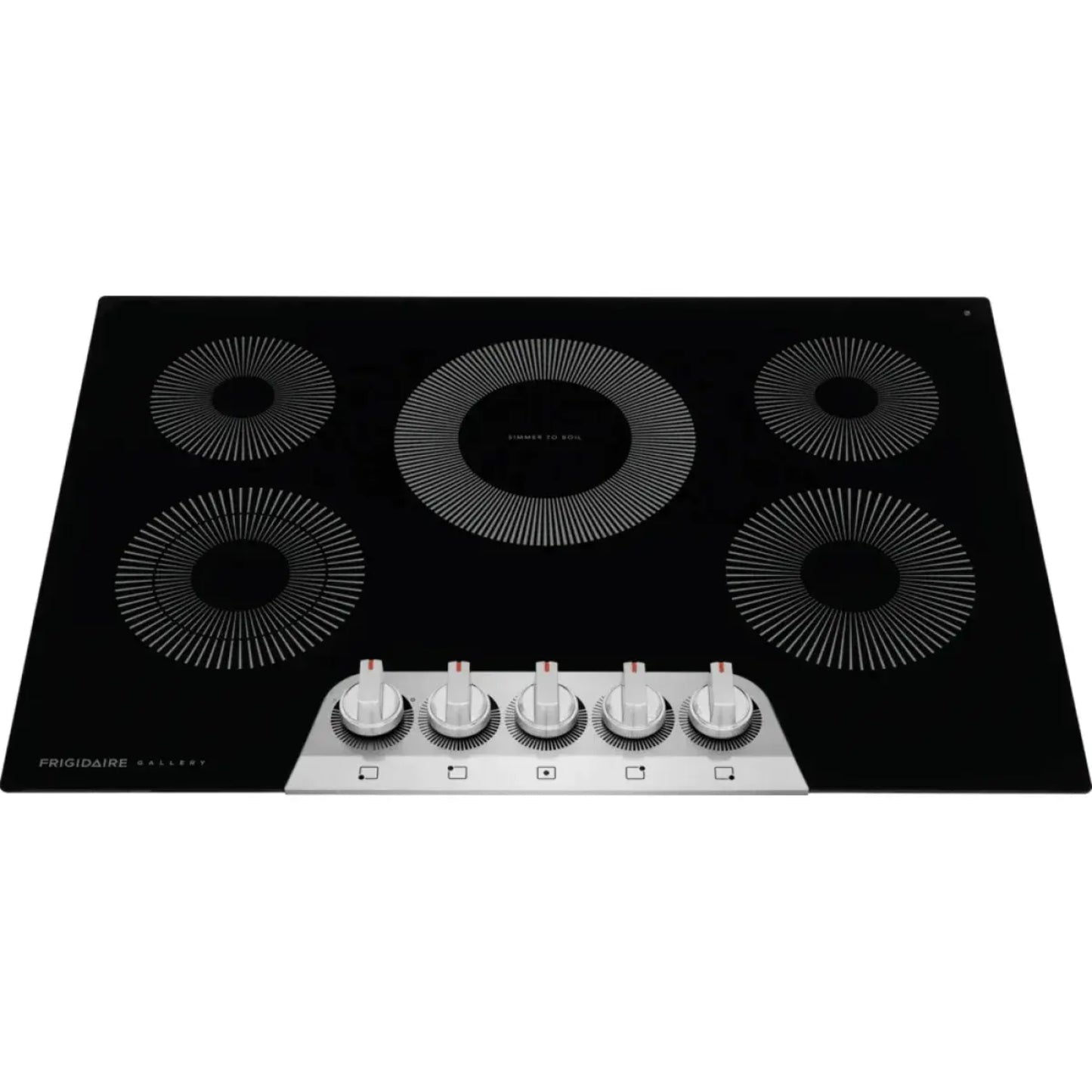 placa cocina eléctrica negra de FRIGIDAIRE, vista frontal con cinco quemadores