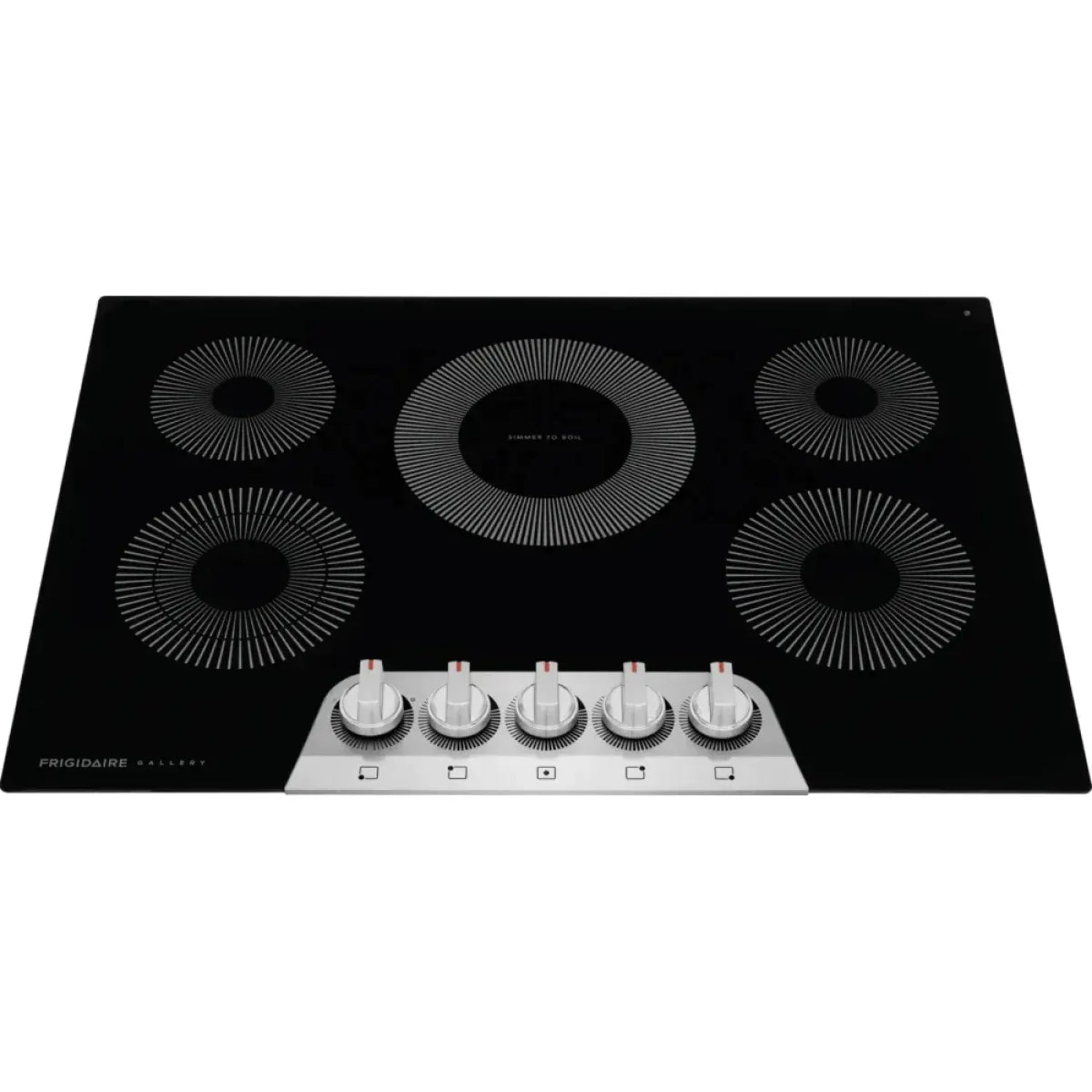 placa cocina eléctrica negra de FRIGIDAIRE, vista frontal con cinco quemadores