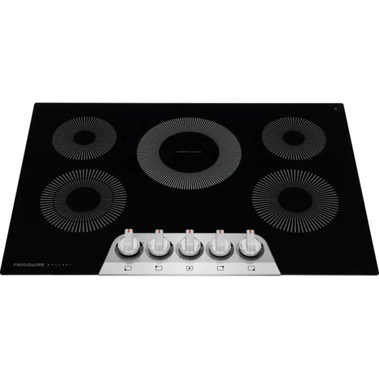 placa cocina eléctrica negra de FRIGIDAIRE, vista frontal con cinco quemadores