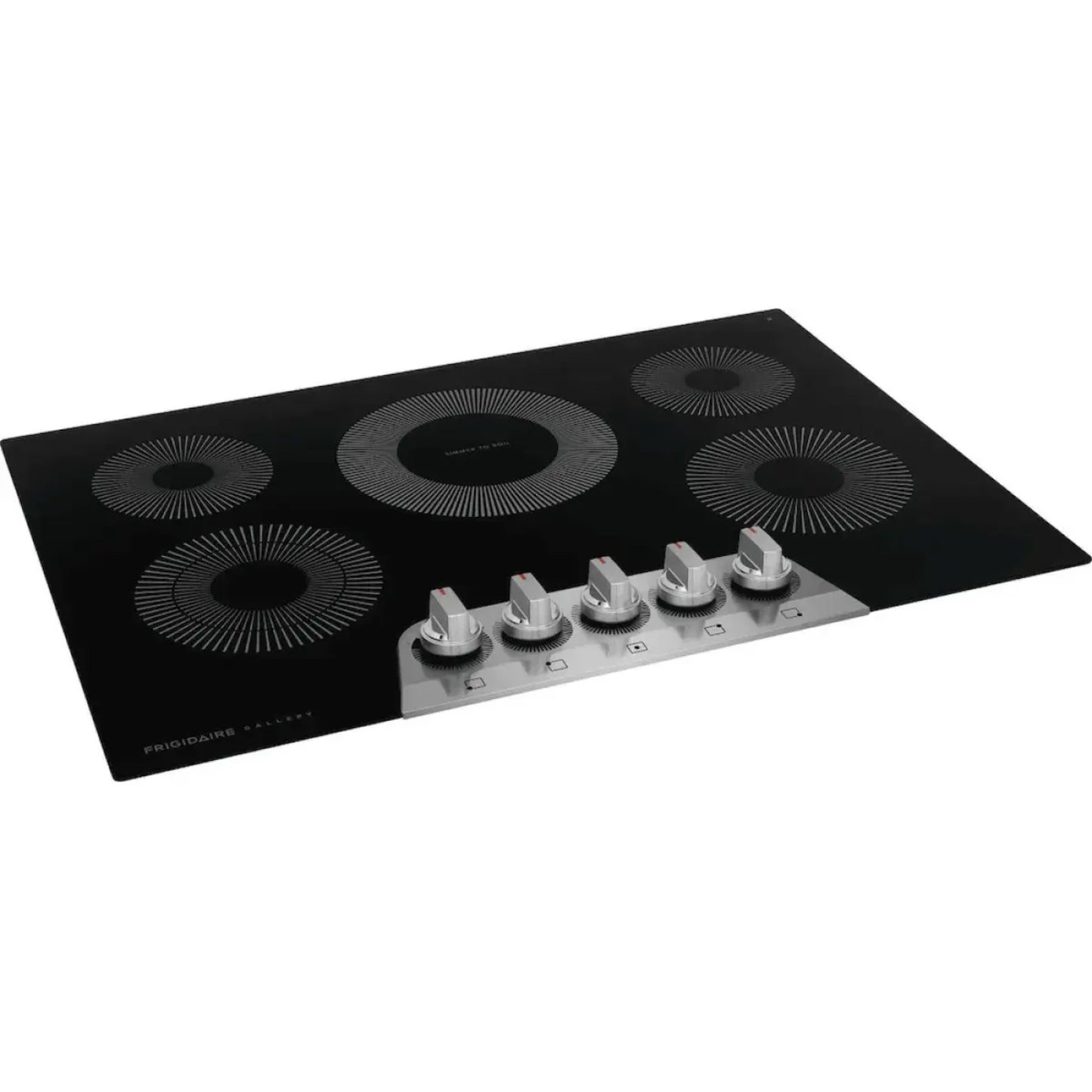placa cocina eléctrica Frigidaire negra, vista frontal con cinco quemadores