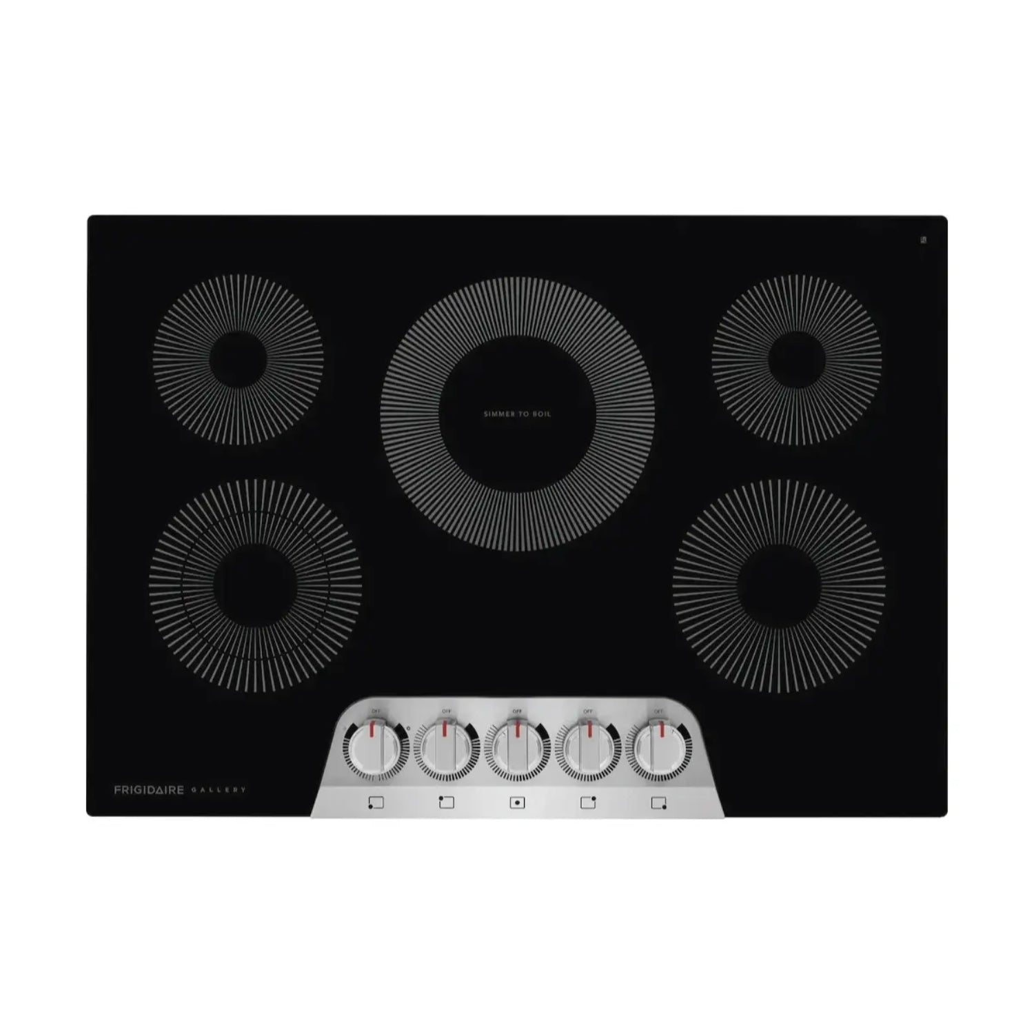 placa cocina eléctrica negra, vista frontal, 5 quemadores y controles