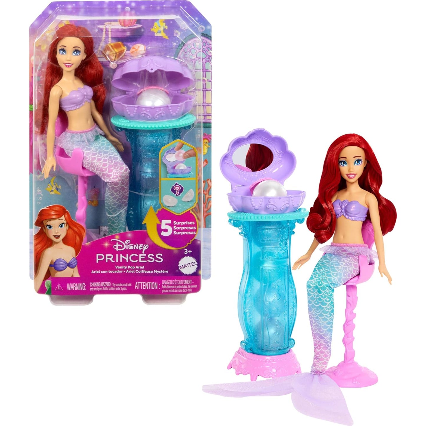 Muñeca de sirena princesa Disney con cabello rojo y accesorios de baño