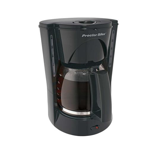 Cafetera 12 tazas negra Proctor Silex con diseño elegante y jarra de vidrio