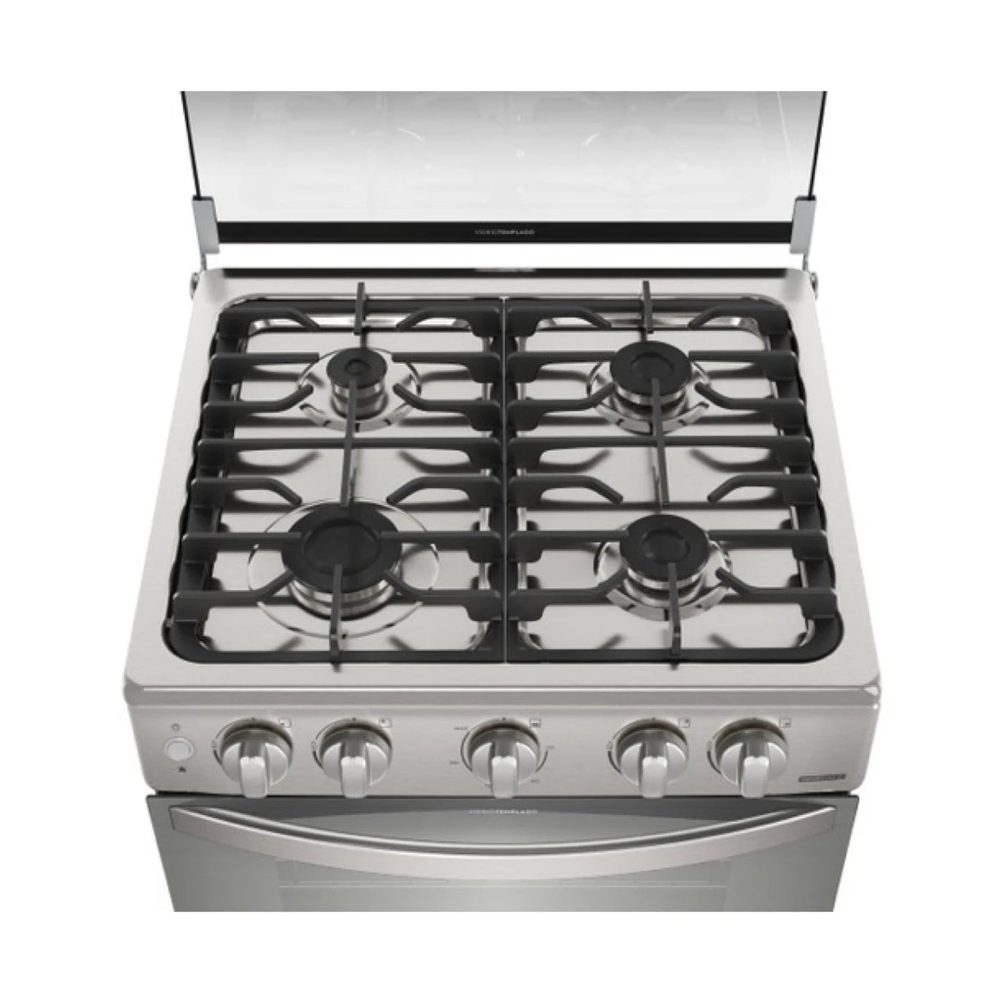 Estufa a gas Frigidaire gris vista superior con cuatro quemadores