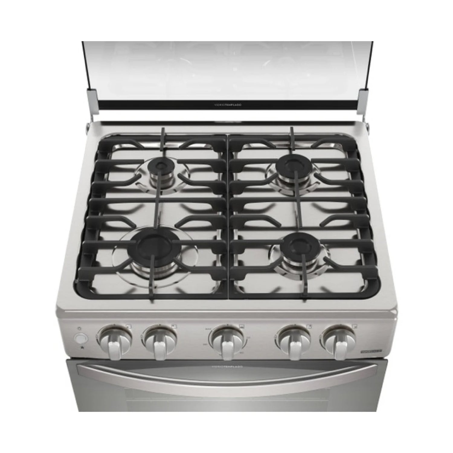 Estufa a gas Frigidaire gris vista superior con cuatro quemadores