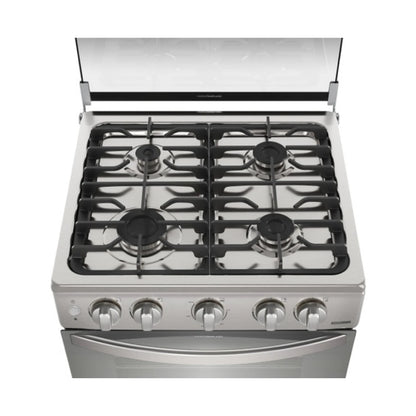 Estufa a gas Frigidaire gris vista superior con cuatro quemadores