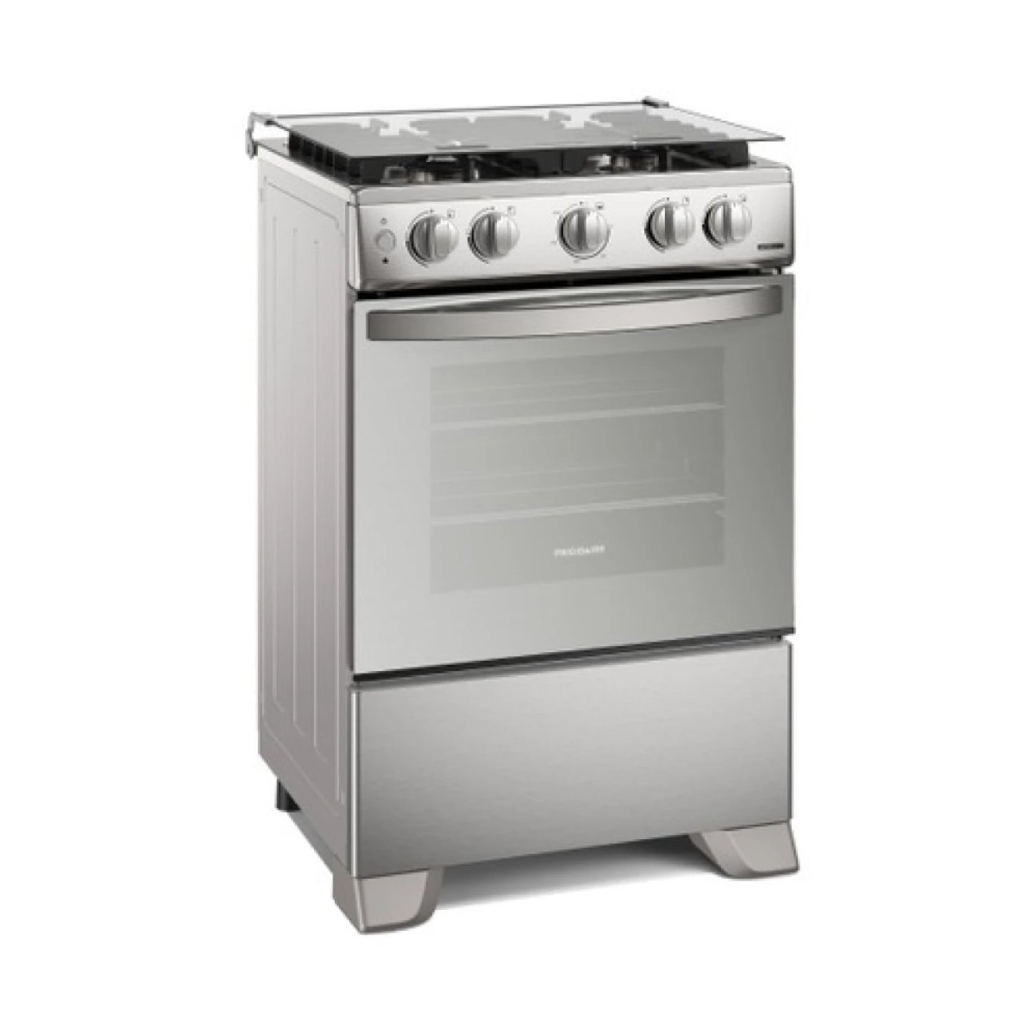 Estufa a gas Frigidaire color plateado, vista frontal en cocina moderna