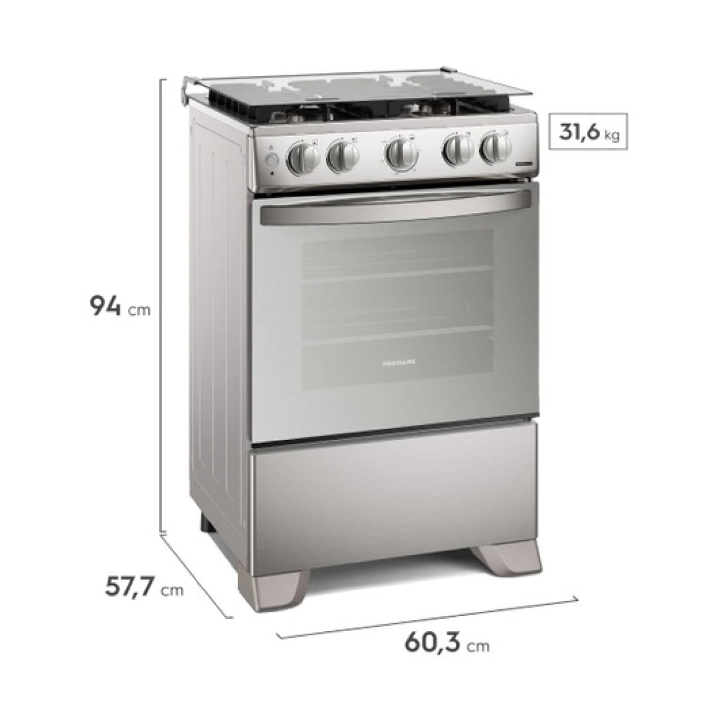 Estufa a gas Frigidaire color acero, frontal con cuatro quemadores y horno