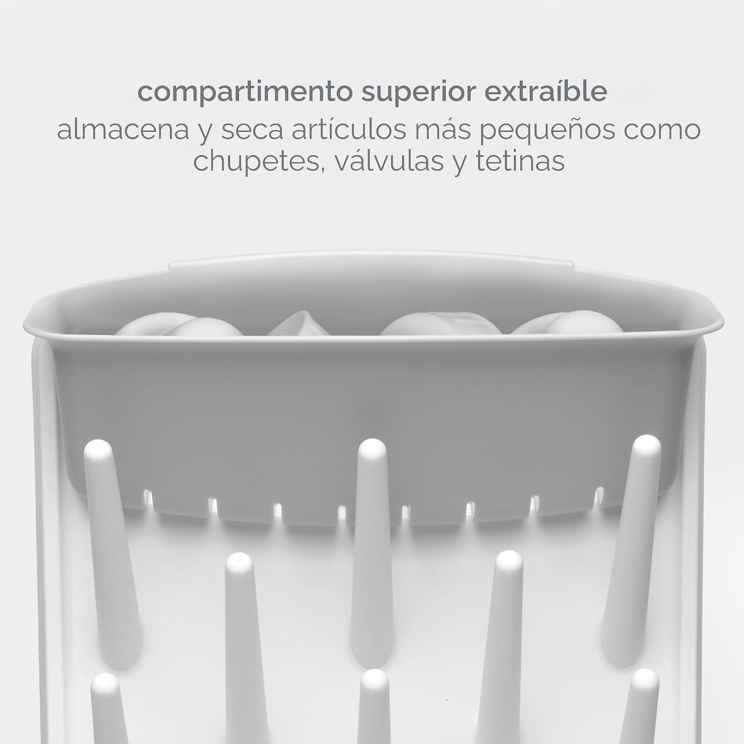 compartimento superior extraíble blanco, almacenamiento y secado de artículos pequeños