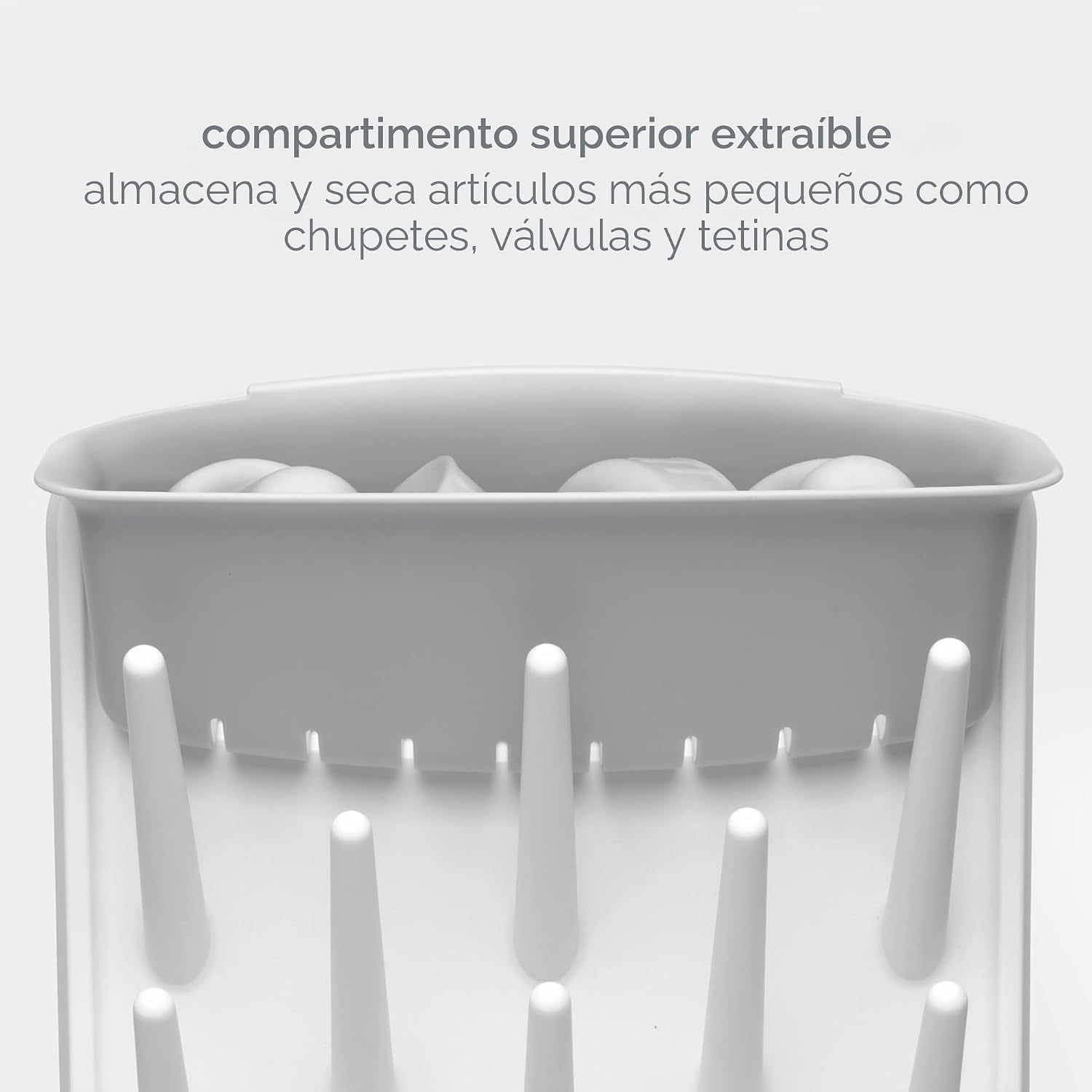 compartimento superior extraíble blanco, almacenamiento y secado de artículos pequeños