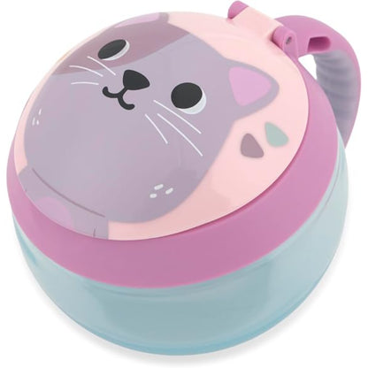 Recipiente de snack azul con tapa de gato gris, ideal para niños