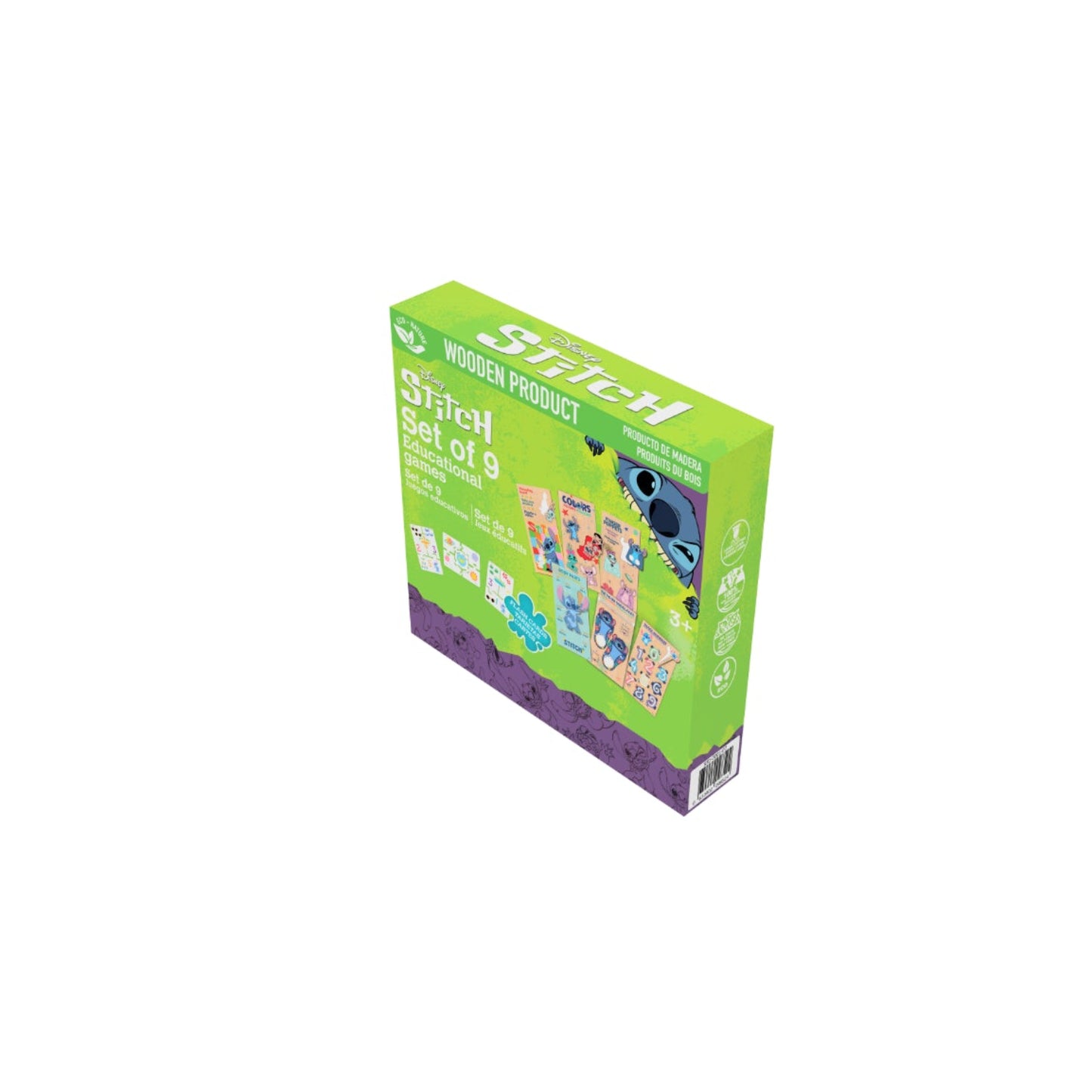 Juego de 9 productos de madera en caja verde, diseño de Stitch, vista lateral