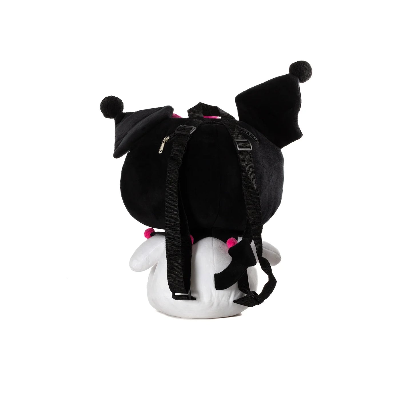 Mochila suave de SANRIO, color negro y blanco, vista trasera con correas ajustables