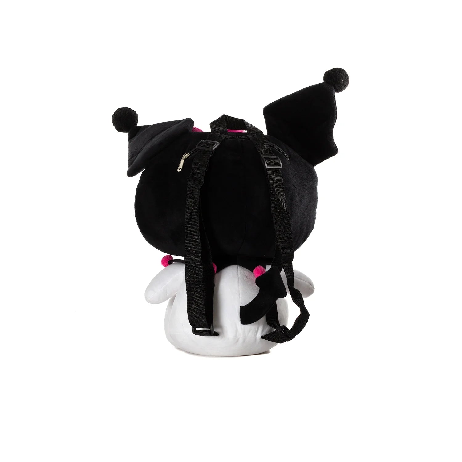 Mochila suave de SANRIO, color negro y blanco, vista trasera con correas ajustables