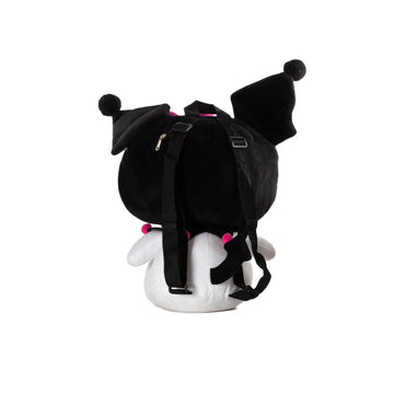 Mochila suave de SANRIO, color negro y blanco, vista trasera con correas ajustables