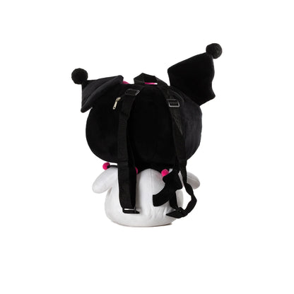 Mochila suave de SANRIO, color negro y blanco, vista trasera con correas ajustables