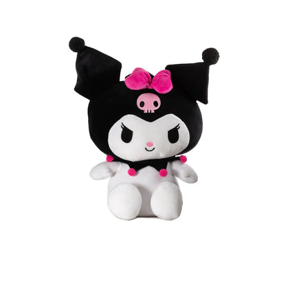 Muñeca de peluche Kuromi negra con detalles rosas, vista frontal, perfecta para coleccionistas.