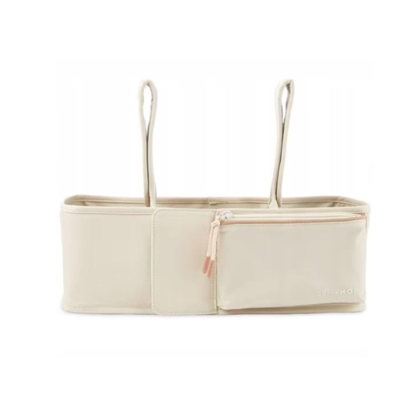 Organizador de cuna beige con compartimento, perfecto para bebés