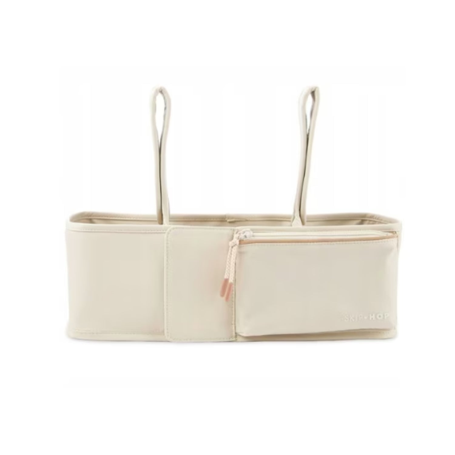 Organizador de cuna beige con compartimento, perfecto para bebés